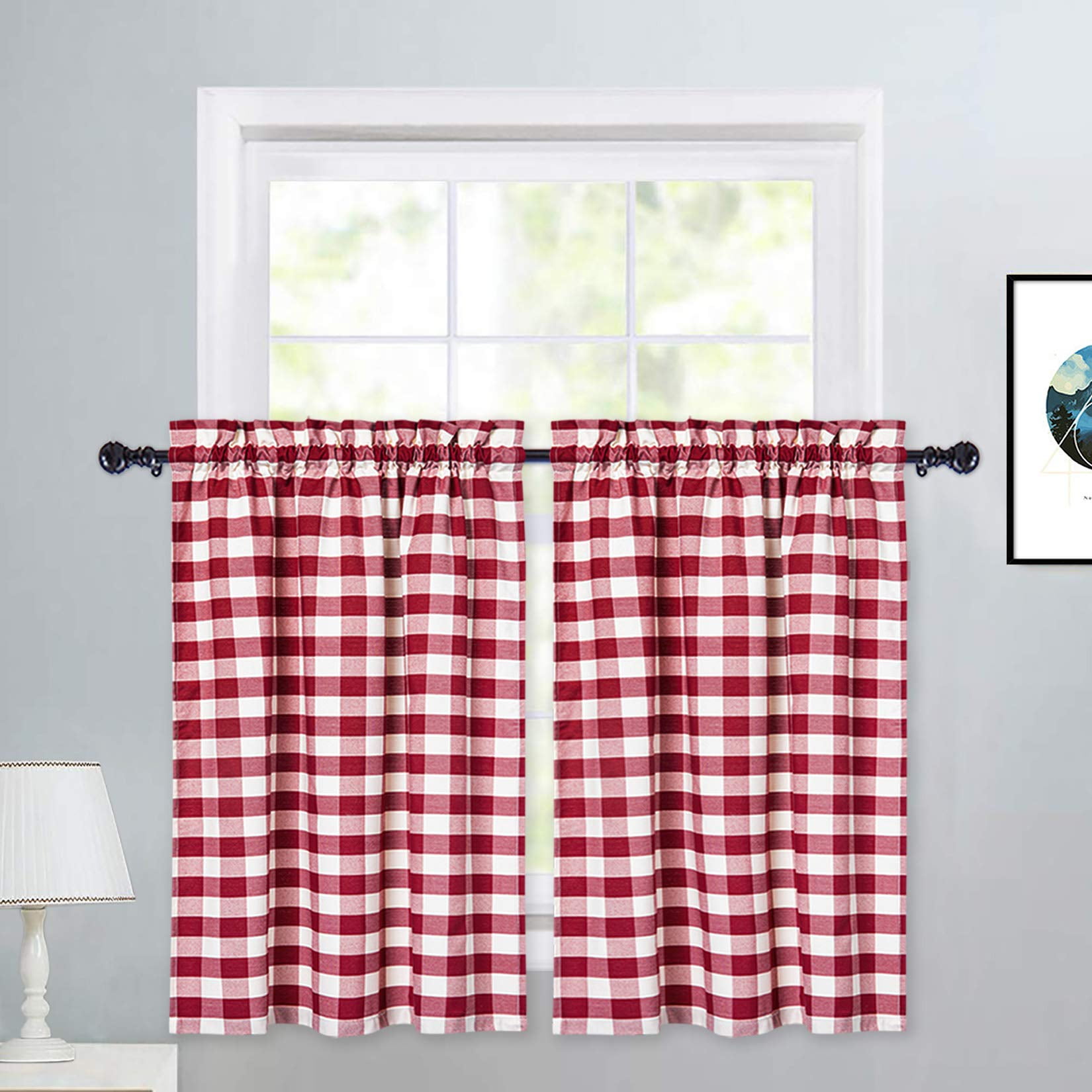 Plaid Gingham Window Curtains, Set of 2, Red/White, 27"W x 30"L