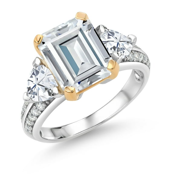Gem Stone King 4.68 Cttw White Moissanite 3 Stone Engagement Ring for Women | 925 Sterling Silver and 10K Yellow Gold | Emerald Cut Cut 10X8MM (Size 8)