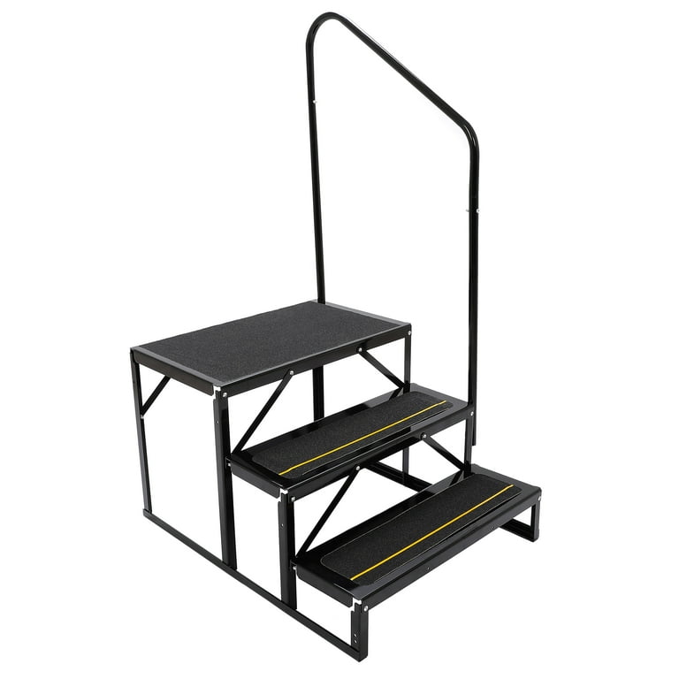 HECASA Universal 3 Steps Stairs Steel for RV Travel Trailer Camper Trailer  W/ Side Load Hand-railing Armrest Hand Rail 