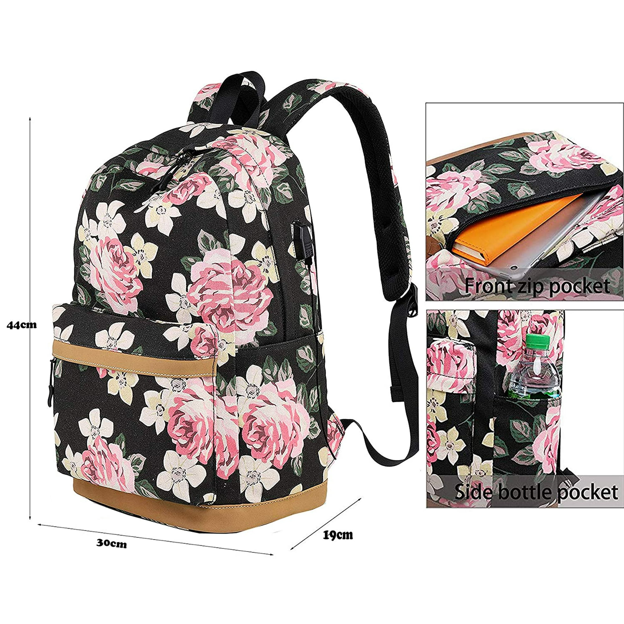 Jhijhoo School Backpack Girls Teenager Ladies School Bag Canvas Satchel Set Flowers Backpack For Girls School Leisure Time With Lunch Box Bag And Penc