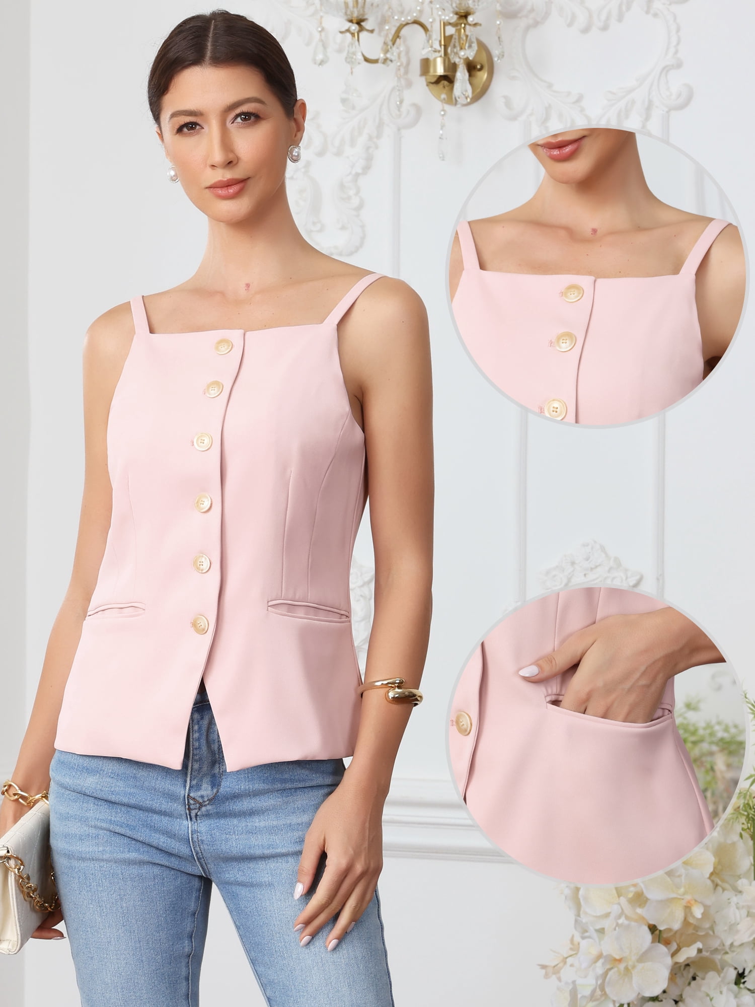 DARING DIVA Women's Sleeveless Suit Button Down Square Neck Vest XS Pink