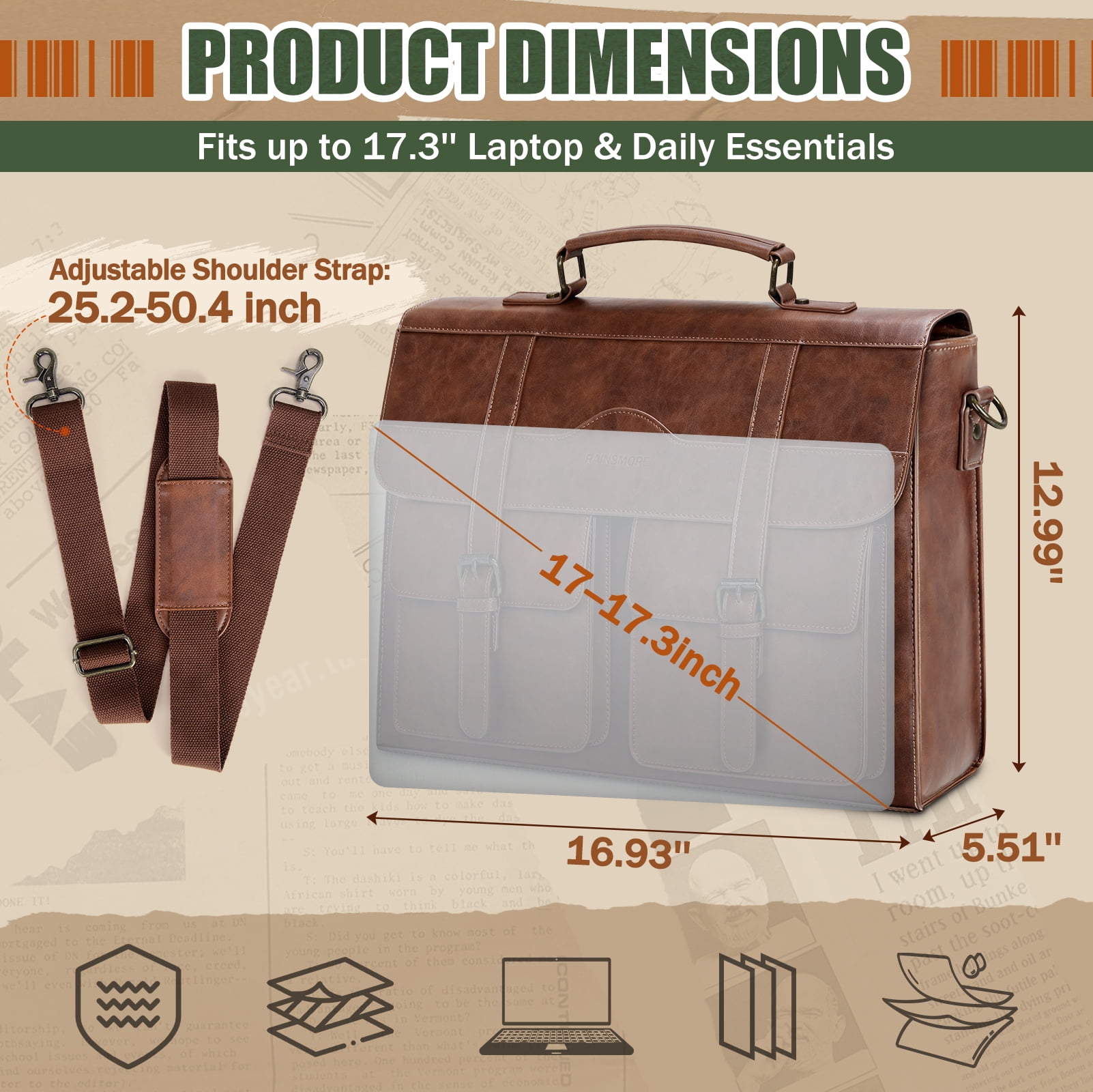 RAINSMORE Mens Messenger Bag 17 Inch Vintage Leather Laptop Bag Magnetic Closure Large Satchel Computer Briefcase Shoulder Bag,Brown
