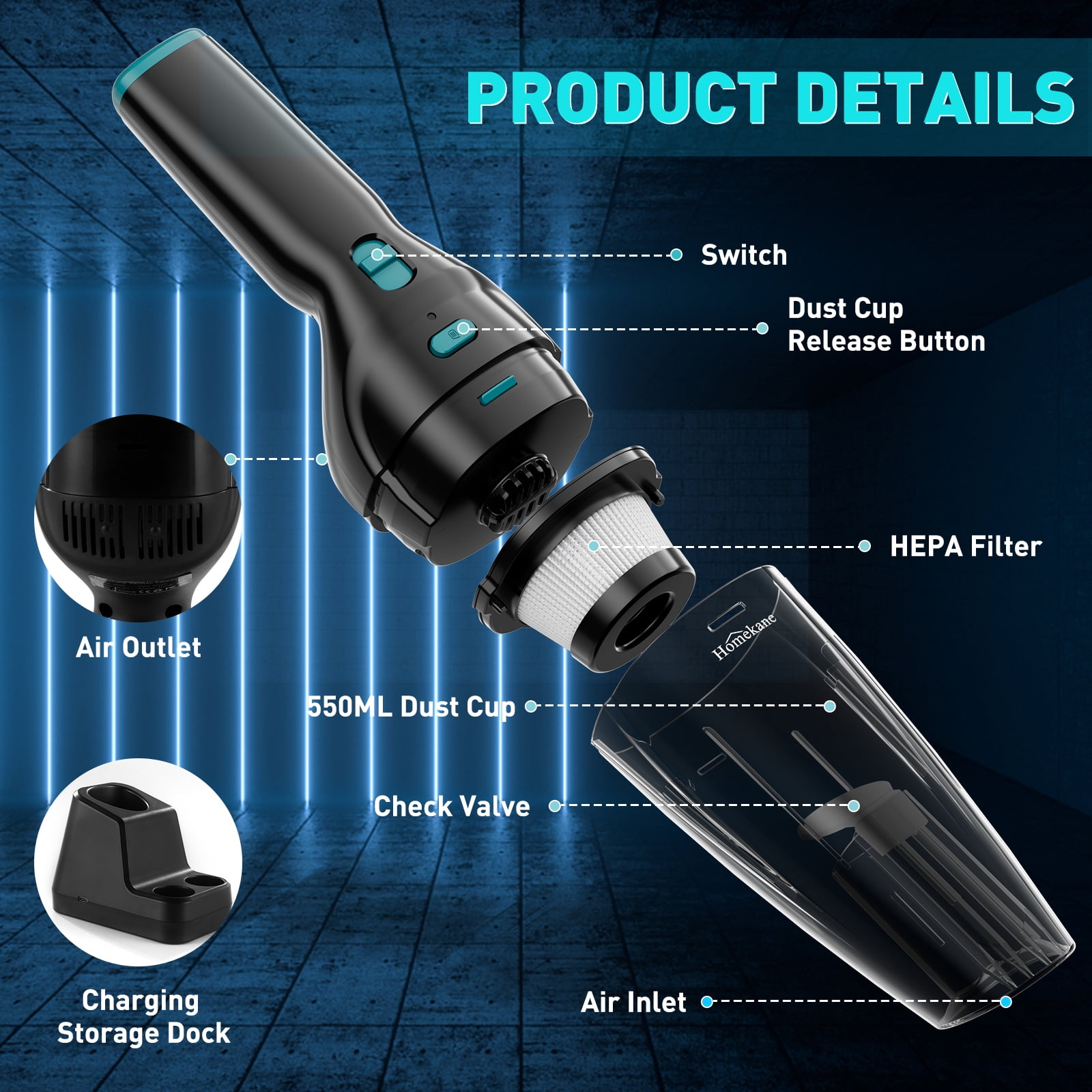 HOMEKANE Handheld Vacuum Cordless, 9.5KPA Strong Suction, 2-in-1 Charging Stand, Rechargeable & Lightweight for Quick Cleaning - Ideal for Home, Car, Pet Hair