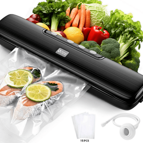 Kitchen in the box Vacuum Sealer Machine with 15Pcs Bags, Automatic Air Sealer for Food Storage with 5 Sealing Temperatures, Dry/Wet/Seal/Vac/External Vac Modes, Black