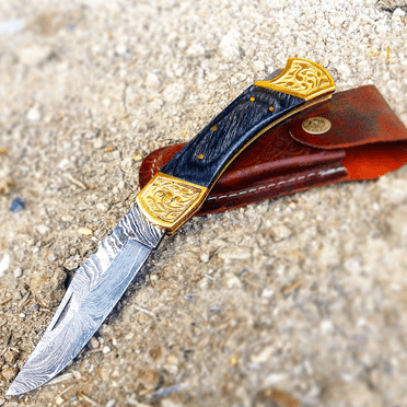 9" Hand Made Damascus Blade Folding Knife Pakkawood Handle Black Leather Sheath