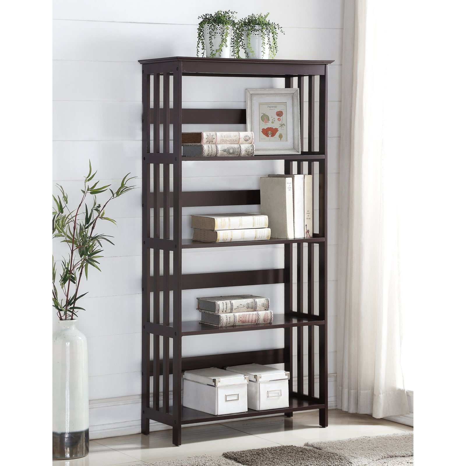 Roundhill Wooden 4 Shelves Bookcase Espresso Finish Walmart Com