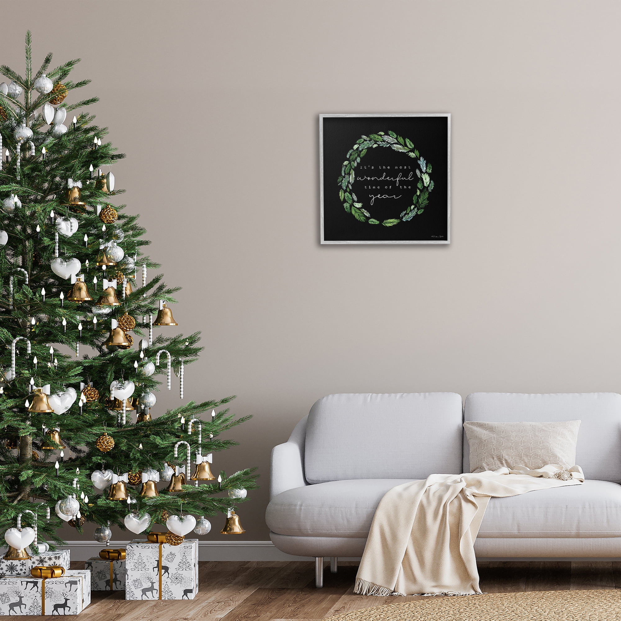 Stupell Industries Minimal Holiday Wreath Holiday Painting Gray Framed Art Prints Wall Art, 24 x 24