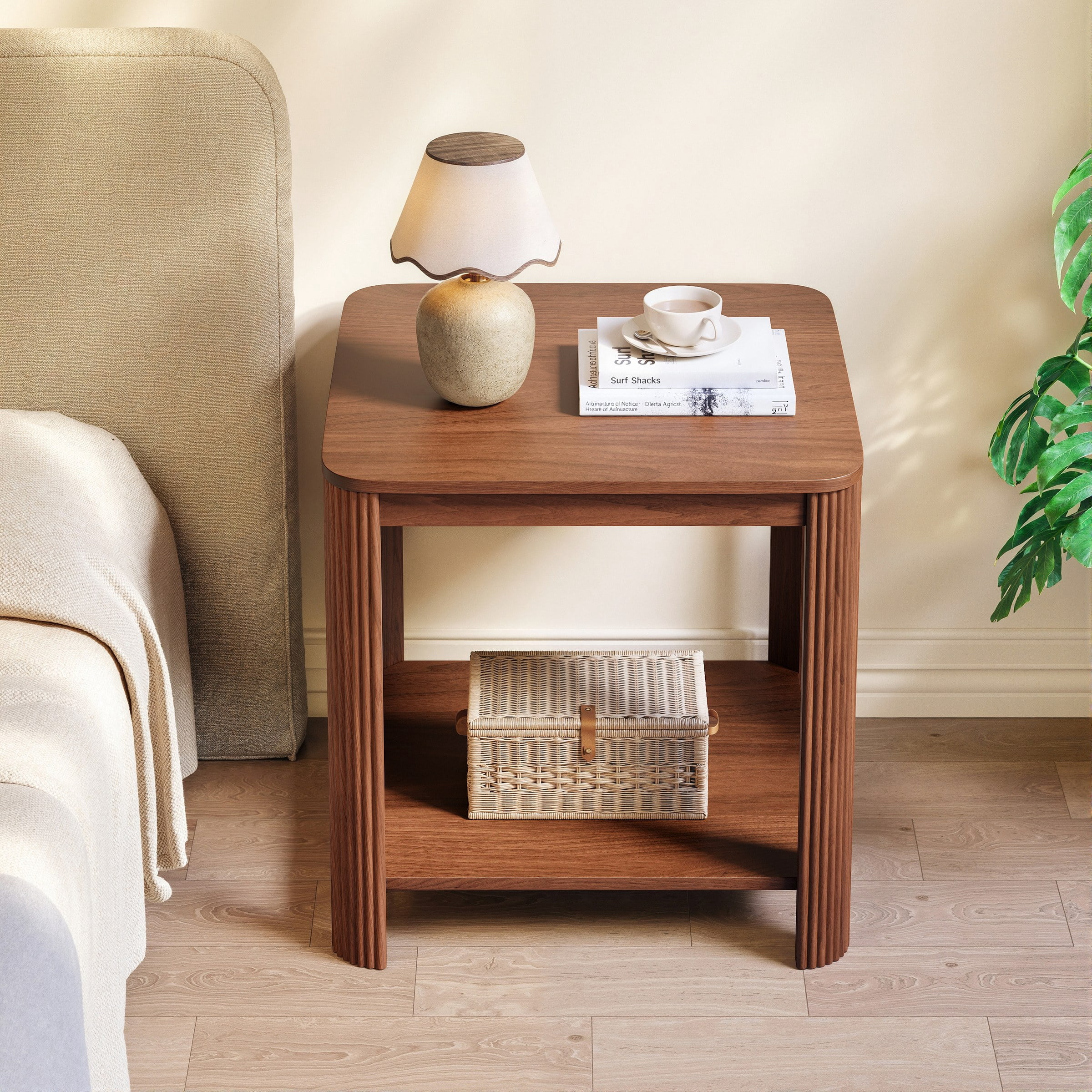 Rounded Corner End Tables Set of 2, 22.1" Square Nightstand with Vertical Wave Grain Legs, 2-Tier Boho Side Table for Living Room, Bedroom & Home Office (Walnut)