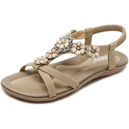 

Pikadingnis Ladies T-Strap Flat Sandals Boho Beaded Flower Rhinestone Dress Beach Shoes Summer Flat Sandals for Women Black 35