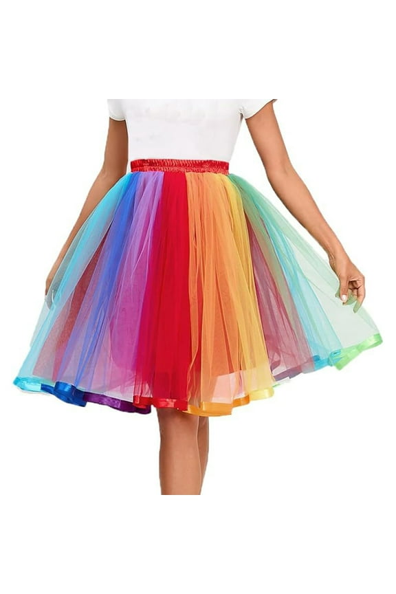 Women Highs Waist Pleated Midi Skirt Rainbow Tutus Skirt Layered Tulle Skirt
