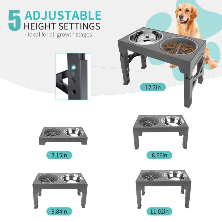 Adjustable Elevated Dog Bowls - 2 Stainless Steel Raised Dog Bowl, 5  Heights (3.15-12.2), Perfect for Small, Medium & Large Dogs