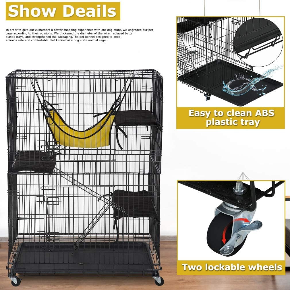 Bestpet Cat Cage Cat Crate Cat Kennel 48 Inches Cat Playpen With Free Hammock 3 Cat Bed 2 Front Doors 2 Ramp Ladders Perching Shelves Black