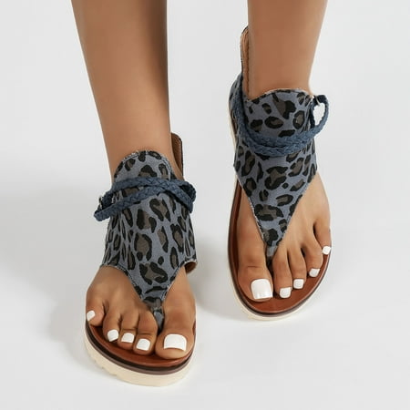 LoyisViDion Women Shoes Clearance Summer Flats Roman Braid Back Zip Casual Leopard Solid Color Ladies Sandals Special offers Gray 6.5