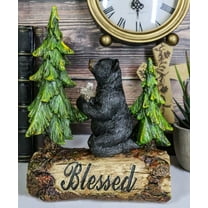 Blessed Rustic Western Black Bear Kneeling On Log by Pine Trees Praying Statue