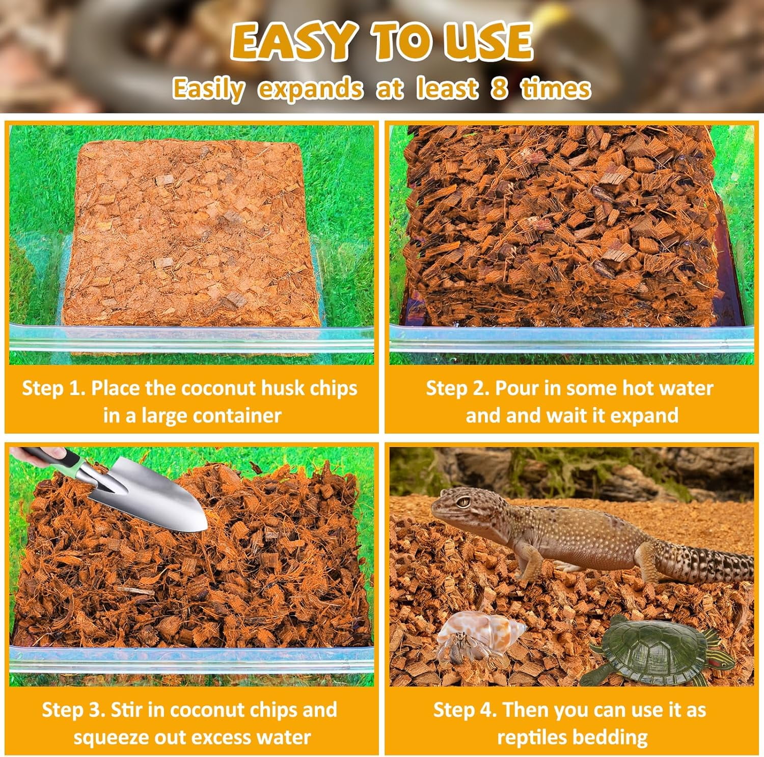Coconut Chip Substrate for Reptiles, Natural Coco Husk Chip Reptiles Bedding, Compressed Coconut Chip Substrate for Snake, Tortoise, Ball Python, Gecko, Lizard Terrarium Tanks