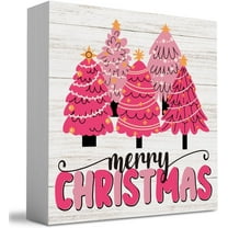Zomyto 5"x5" Pink Christmas Sign, Pink Christmas Decorations, Christmas Tree Sign, Merry Christmas Sign for Table, Christmas Signs for Home Office Shelf Decoration