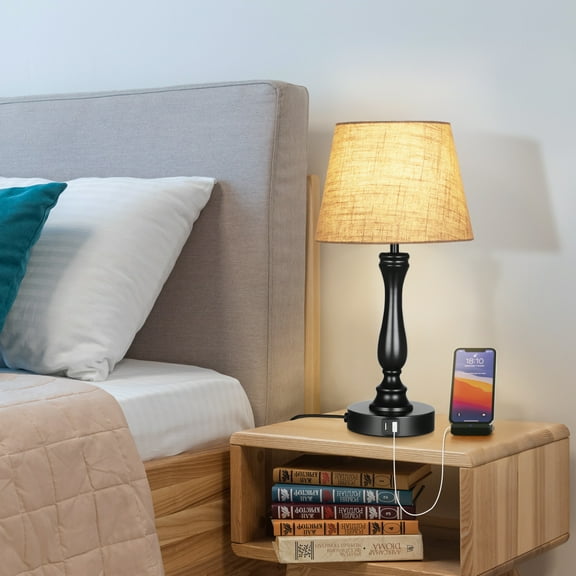 DEWENWILS 19" Modern Touch Control Table Lamp 3-Way Dimmable with 2 USB Ports, Black Metal Lamp for Living Room, Bedroom, LED Bulb Included