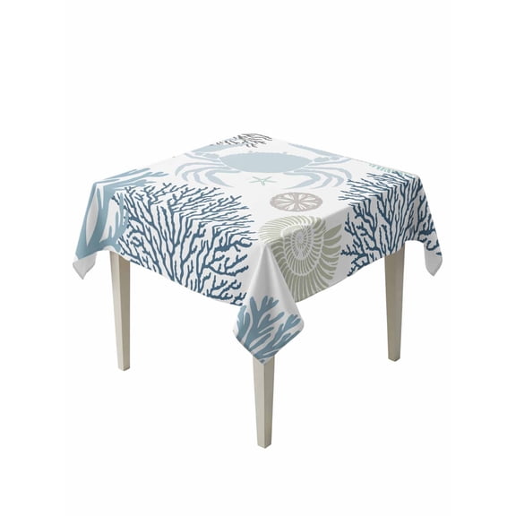 Blue Beige Crab Coastal Table Cloth, Summer Coral Nautical Waterproof Tablecloth for Square Tables, Reusable Washable Fabric Table Cover for Restaurant Kitchen Dining Tables 60"x60"