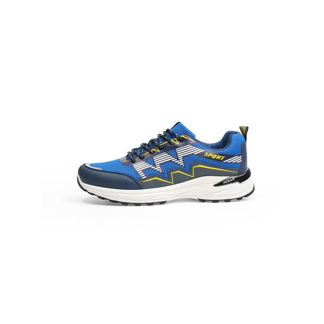 zaem calzado de senderismo para caballero cómodos y ligeros/tenis para hombre zapatos casual respirable zapatillas deportes y exteriores Azul ZAEM, vista lateral derecha de tenis azul con panel textil, aplicaciones sintéticas en puntera y talón, detalles blancos y amarillos, cordones redondos bicolor, cuello acolchado y suela inyectada blanca de alto impacto con dibujo de tracción; fondo blanco, diseño apto para uso casual y caminatas ligeras.