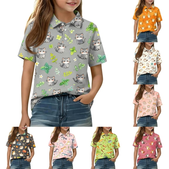 Grblisyd Girls Short Sleeve Polo Shirts Kids Cute Animal Print School Uniform Polo Shirt 10-12 Years