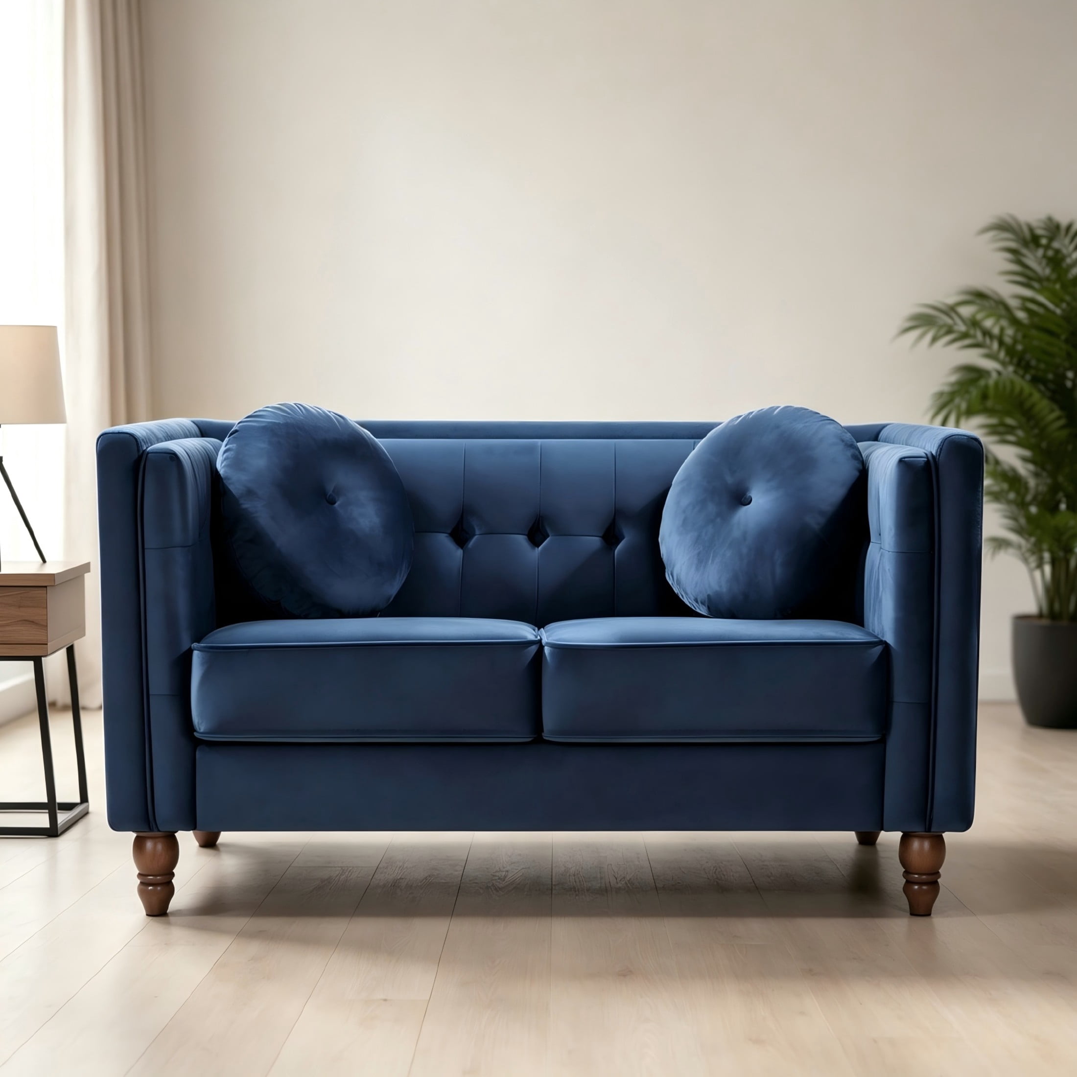 GDF Studio 58.3" Loveseat with Button-Tufted Crushed Velvet Upholstery & Tapered Wood Legs, Deep Blue