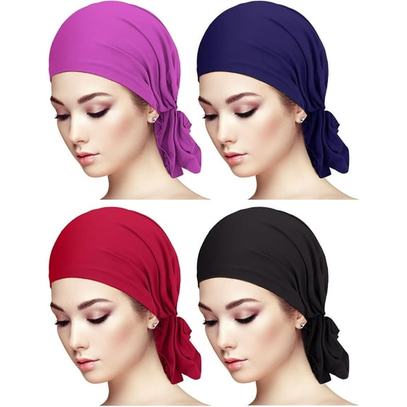 4 Pieces Slip-On Pre-Tied Head Scarves Women Headwear Turban Beanie Caps Head Wrap Headscarf for Women