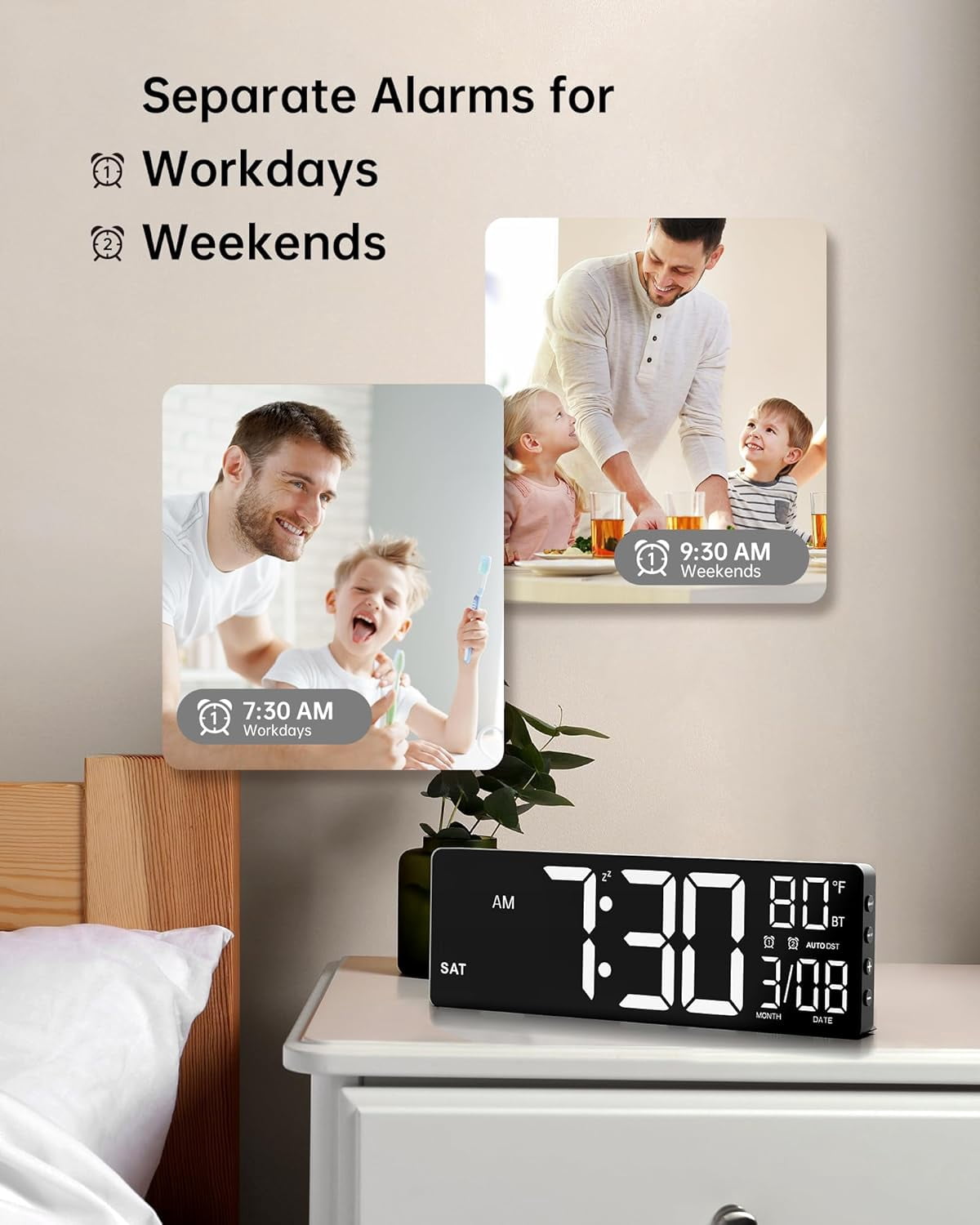 LEIKE Digital Wall Clock for Classroom Livingroom Game Home Decor with LED Display RGB Lights, BIuetooth Sync, Dual Alarms, Auto DST, Countdown, Remote Control, Temperature