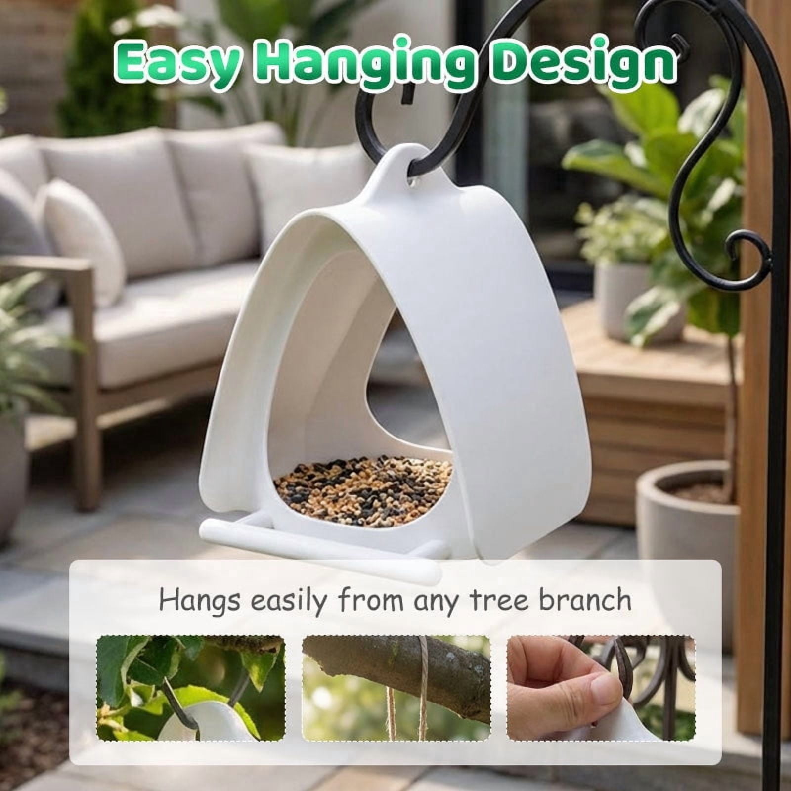 Camnix Platform Bird Feeder for Outdoors Hanging with Weatherproof Dome, Squirrel-Resistant Metal Tray, 2 Lbs Seed Capacity, 180° Multi-Bird Feeding, White