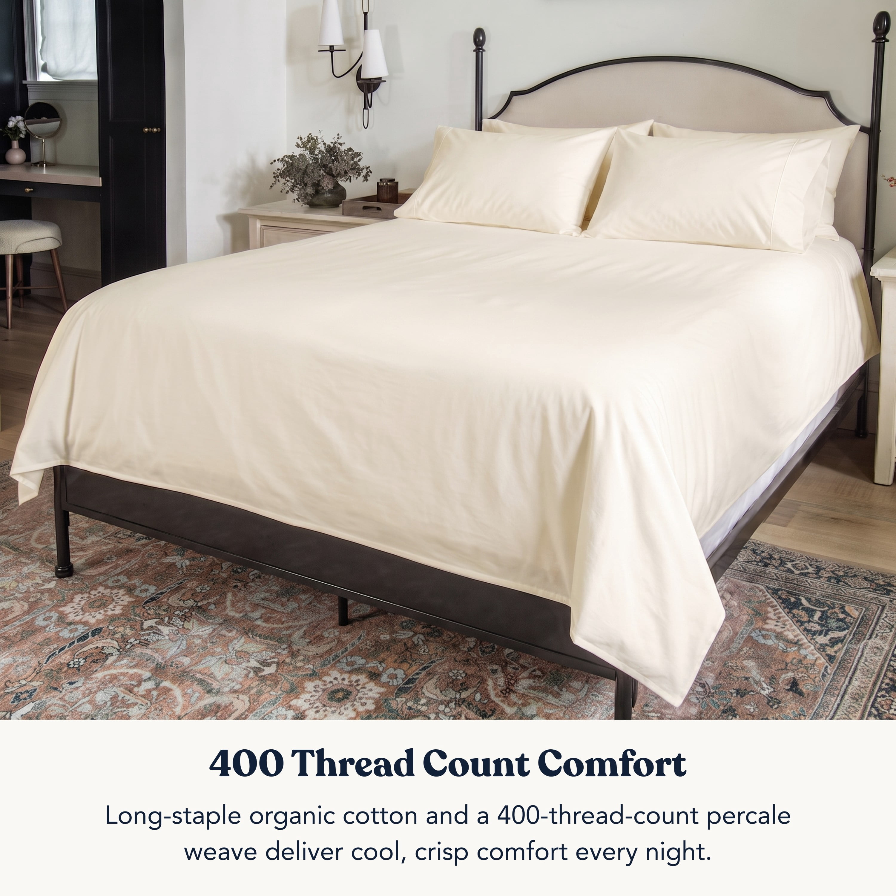 Delara Organic Cotton Percale California King Fitted Sheet, 400 TC GOTS Certified, Soft Moisture-Wicking Breathable, Ivory 72"x84" 17" Deep