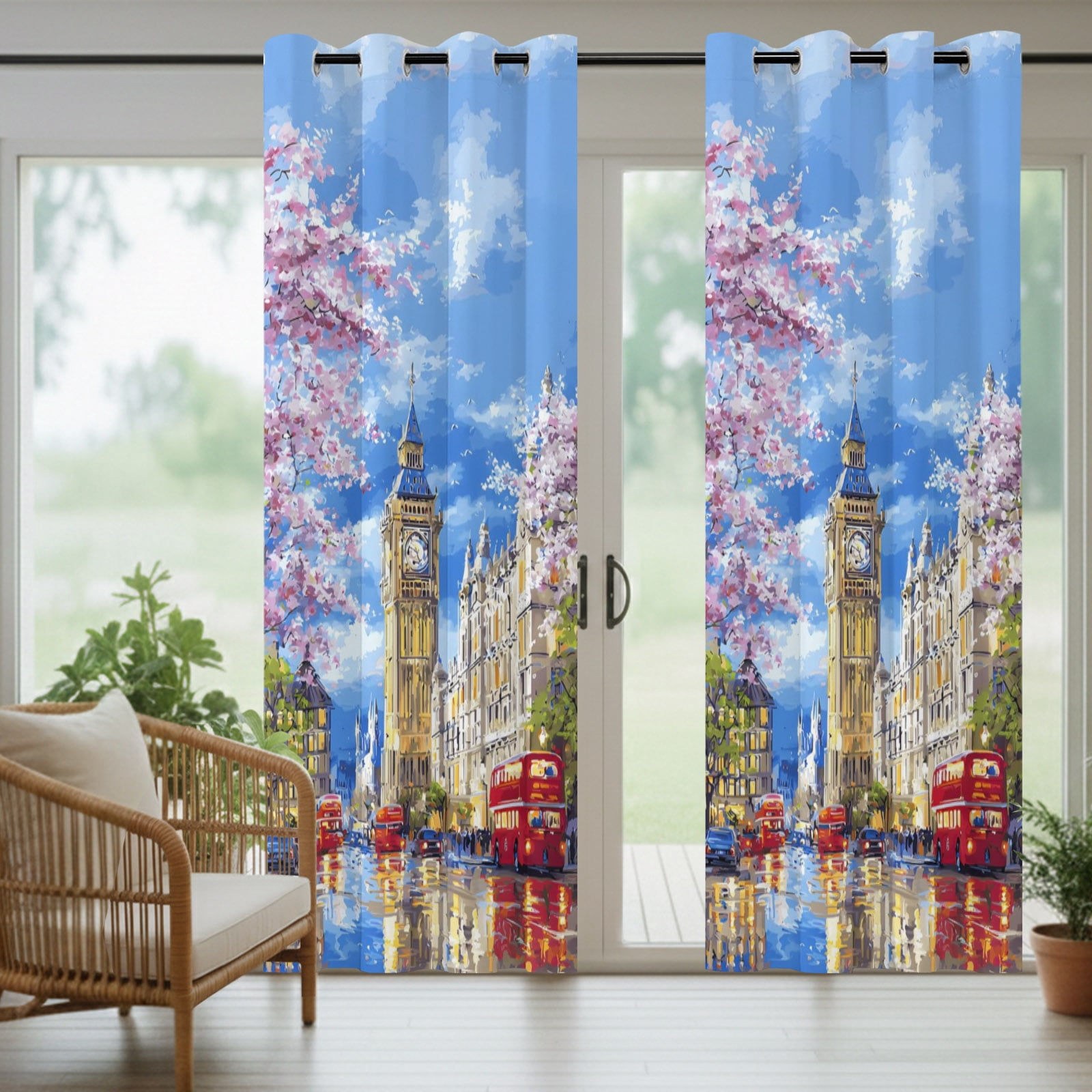 Big Ben Outdoor Curtains for Patio, Spring Cherry Blossoms Red Bus Impressionist Sunshade Privacy Drapes Grommet Waterproof Outside Curtains for Porch/Cabana/Balcony 54"x 108", 1 Panel