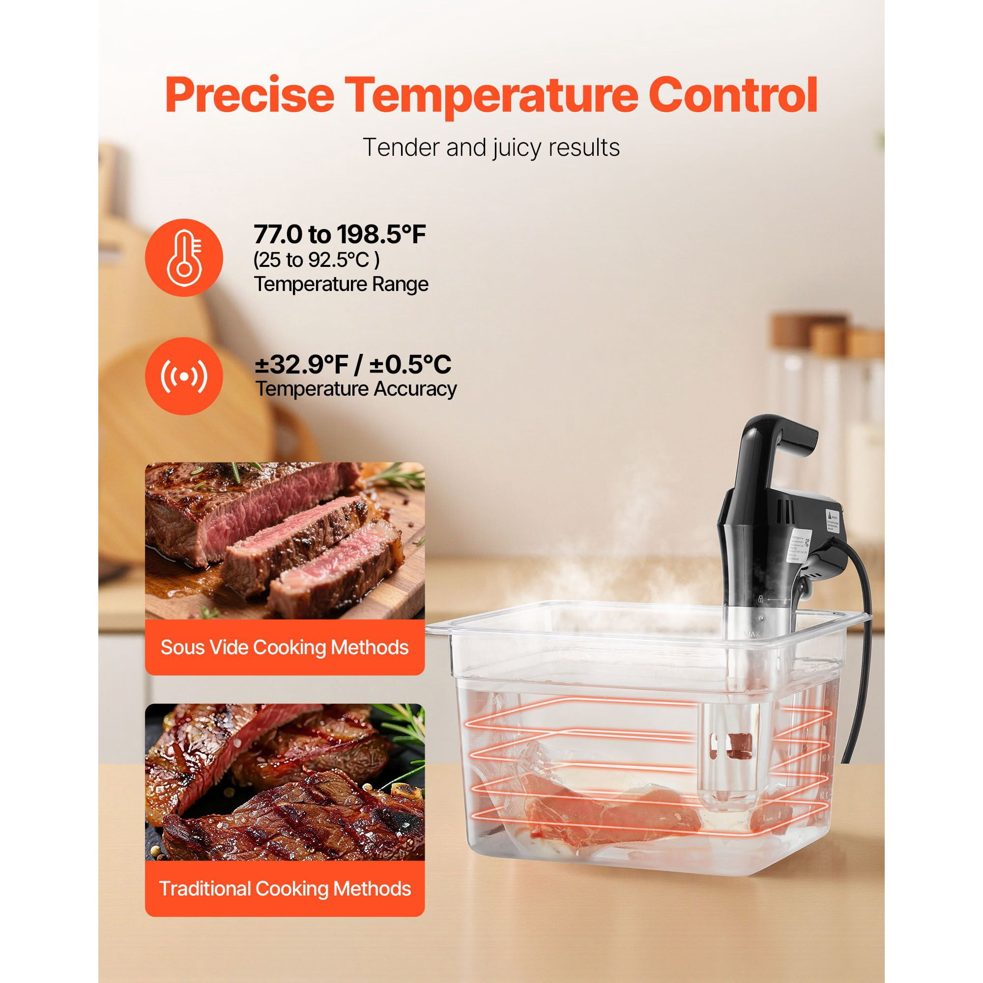 Sous Vide Precision Cooker 1100W Touch Control 77-198.5°F 0.1°C Accuracy 6-12L Capacity Stainless Steel for Steak Seafood