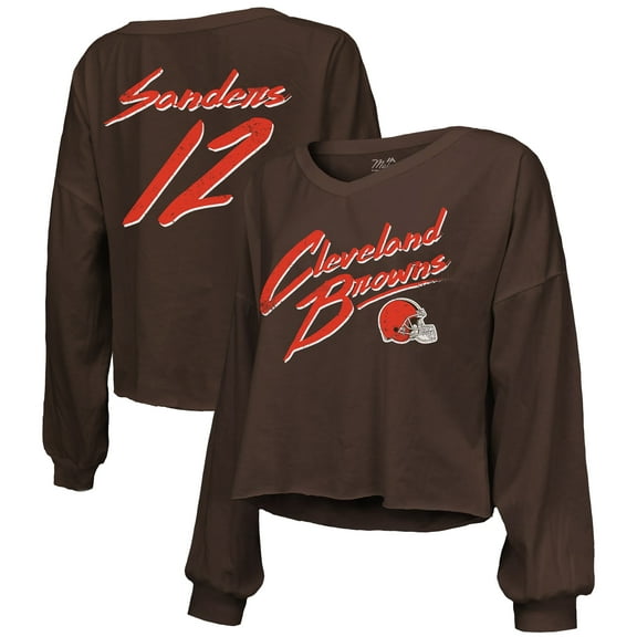 Women's Majestic Threads Shedeur Sanders Brown Cleveland Browns Name & Number Off-Shoulder Script Cropped Long Sleeve