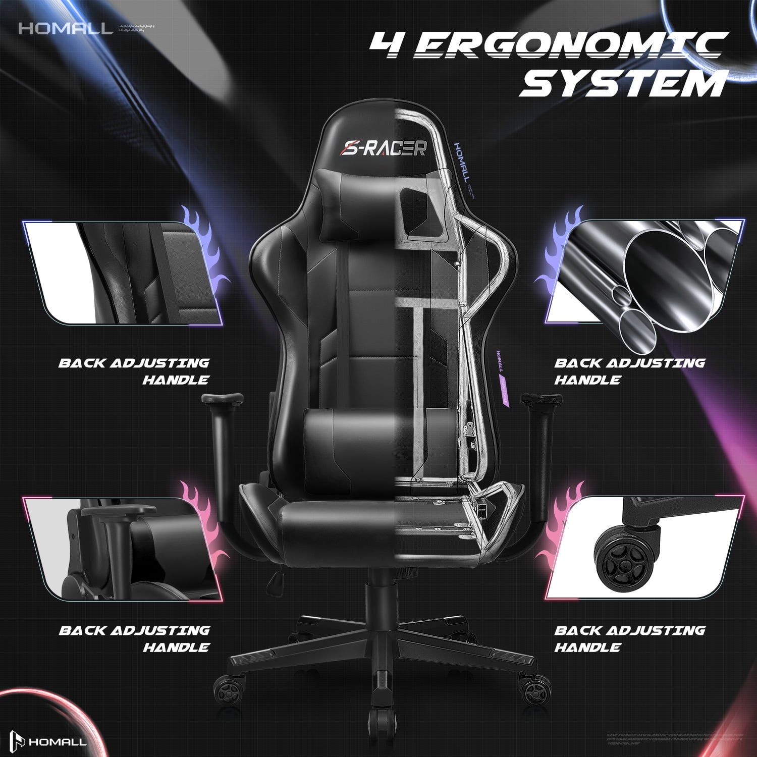 Homall Gaming Chair Office Chair High Back Computer Chair Leather Desk Chair Racing Executive Ergonomic Adjustable Swivel Task Chair with Headrest and Lumbar Support, Black
