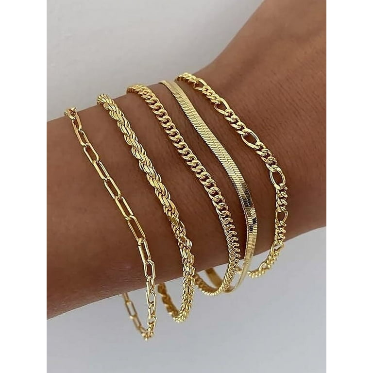 Set 5 Bracciali Dainty Placcati Oro 14K Per Donna - Bracciali Impilabili Minimalisti Con Catene Cuban Link E Paperclip - Gioielli Regalo In Elegante Scatola