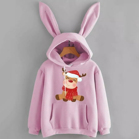 

jsaierl Hoodies for Women Bunny Ear Long Sleeve Shirts Christmas Sweatshirt Elk Pattern Tops Cute Casual Blouse Tee Pullover for Teen Girls