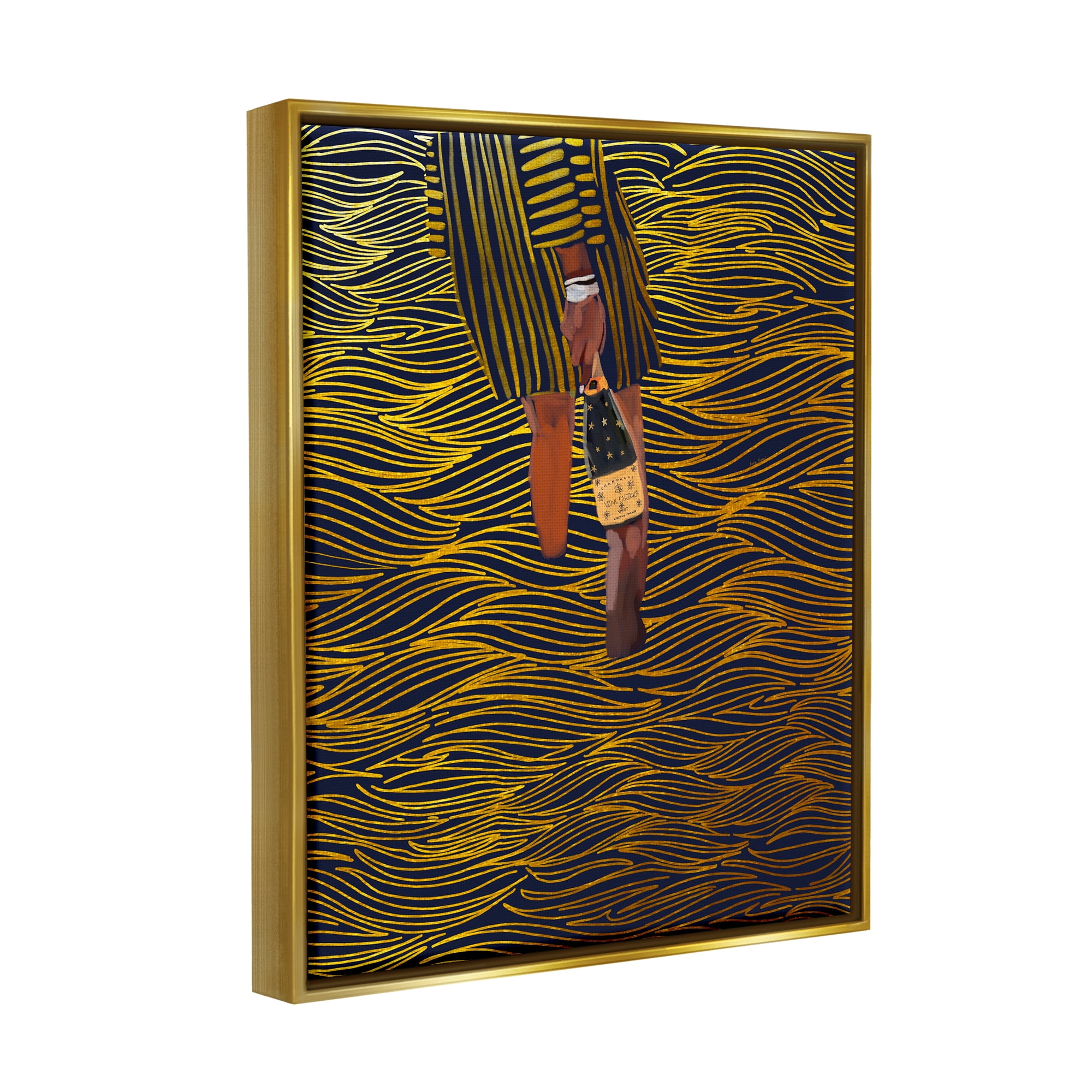 Stupell Industries Patterned Girl with Champagne Food & Beverage Painting Gold Floater Framed Canvas Art Print Wall Art, 25 x 31