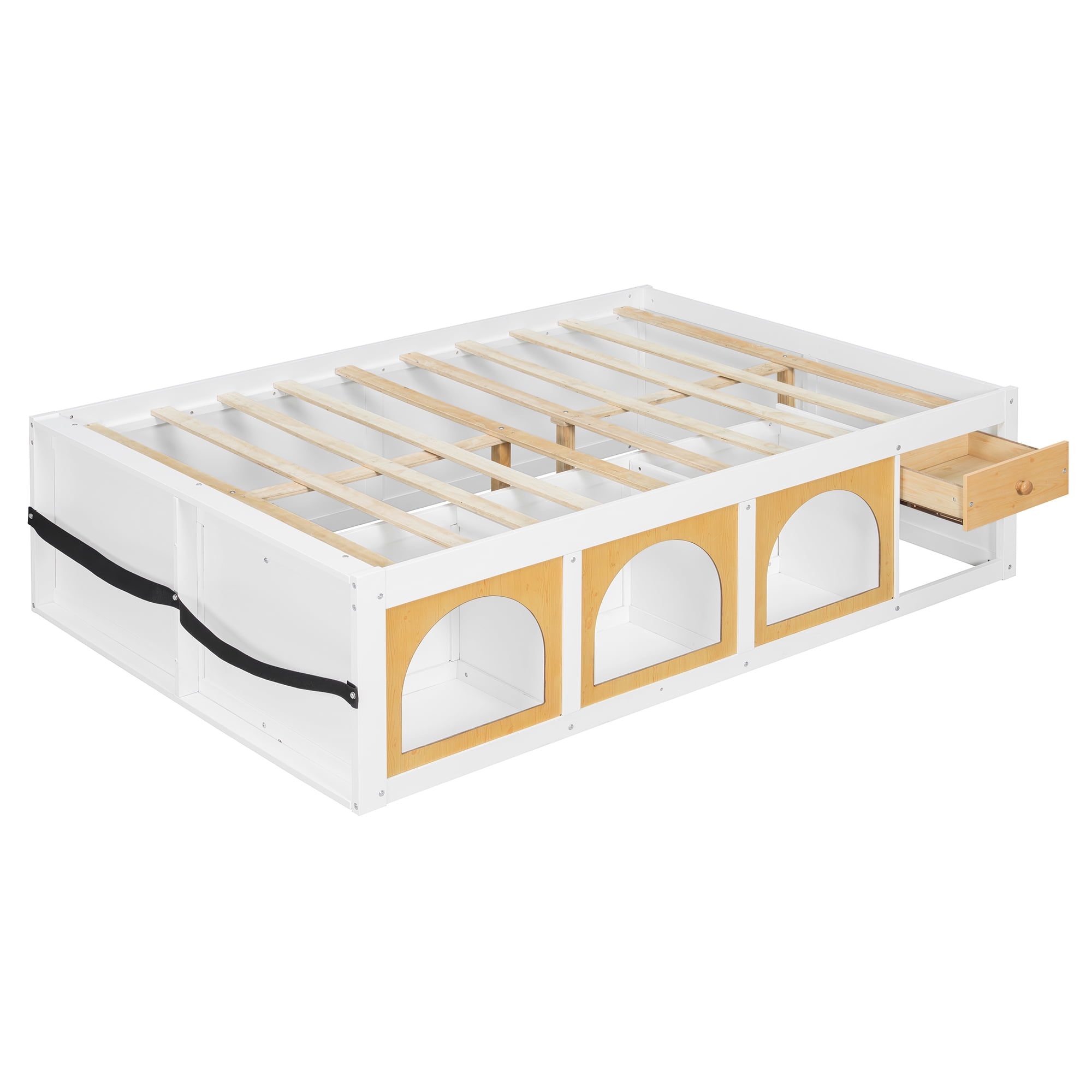 Mintazer Modern Full Size Bed with Bookshelf and 3 Open Cubbies & Drawer, Platform Bed Frame with LED Light for Kids Bedroom, Natural & White