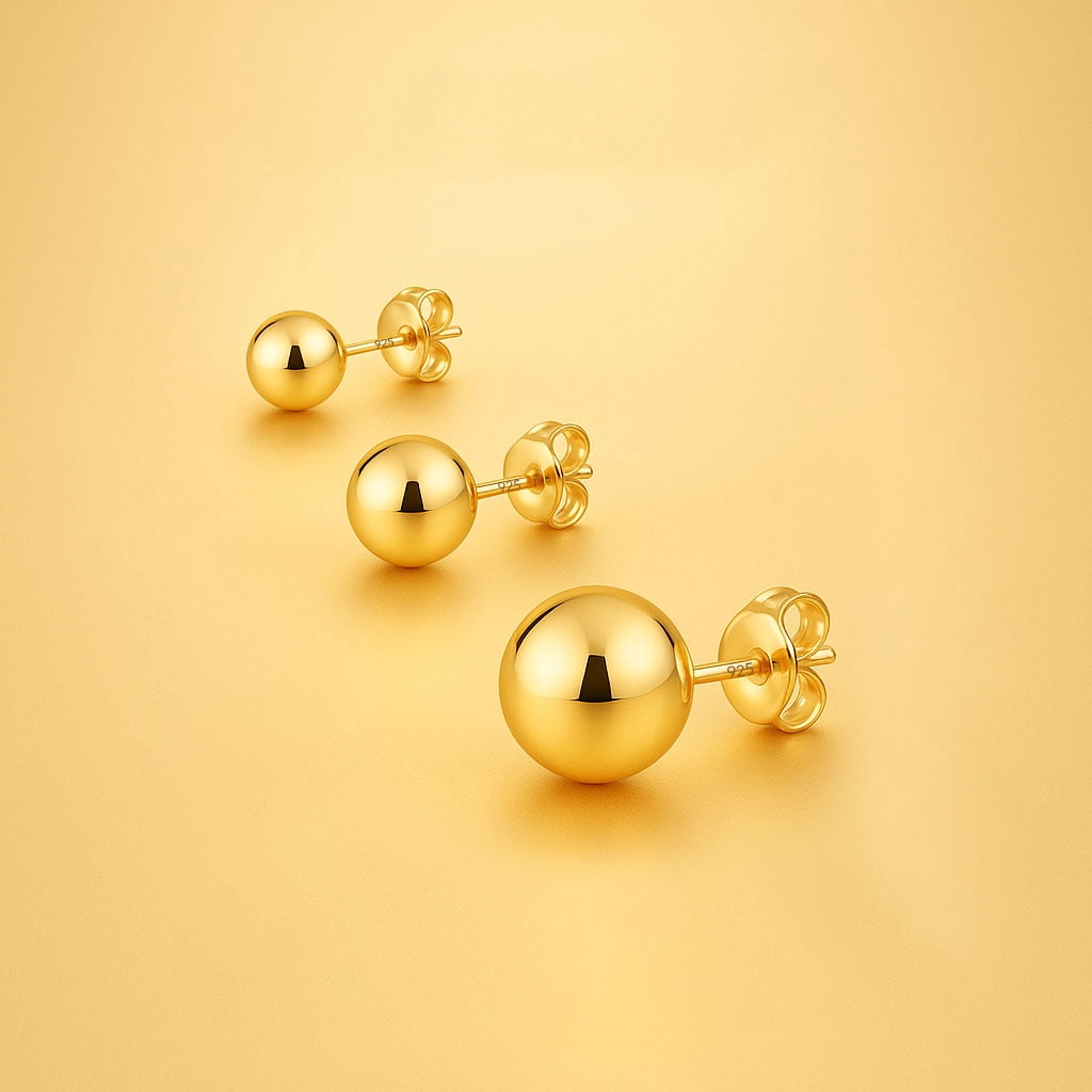 LeCalla 925 Sterling Silver Light-Weight 14K Micron Gold-Plated Classic Ball Post Stud Earrings for Women and Teen Set of 3 Pairs (3MM, 6MM, 8MM)