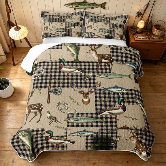 Manfei Farmhouse Deer Duck Twin Quilt Set, Vintage Buffalo Twin Coverlet Set, Brown, 2 Pieces, 1 Bedspread and 1 Pillowcase