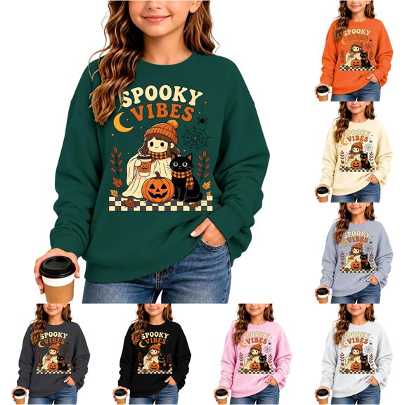 Venzia Women Cute Fall Sweatshirt, Retro Pumpkin Black Cat Cartoon Graphic Crewneck Casual Autumn Pullover Top
