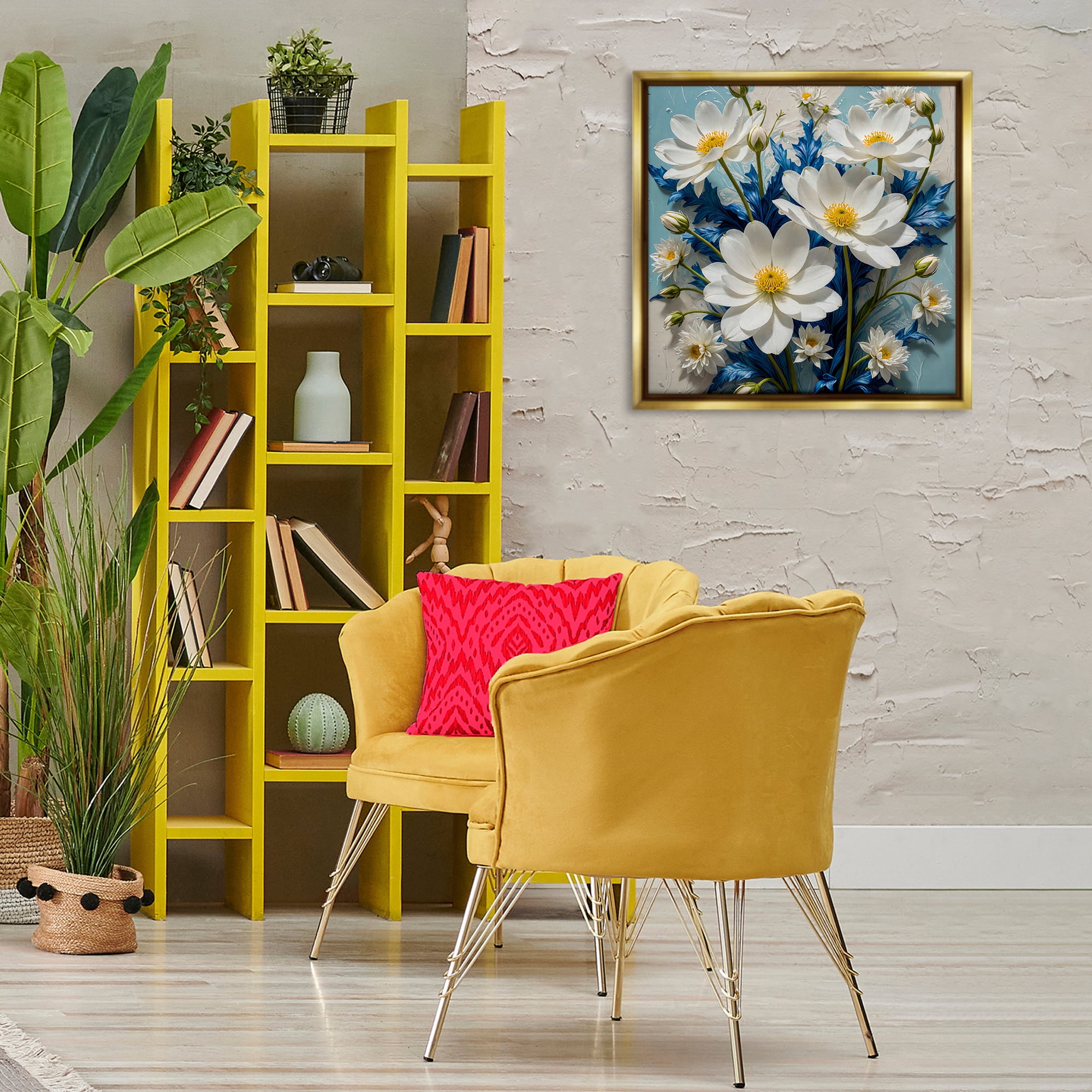 Stupell Industries Magnolias & Blue Florals Plants & Flowers Painting Gold Floater Framed Canvas Art Print Wall Art, 25 x 25