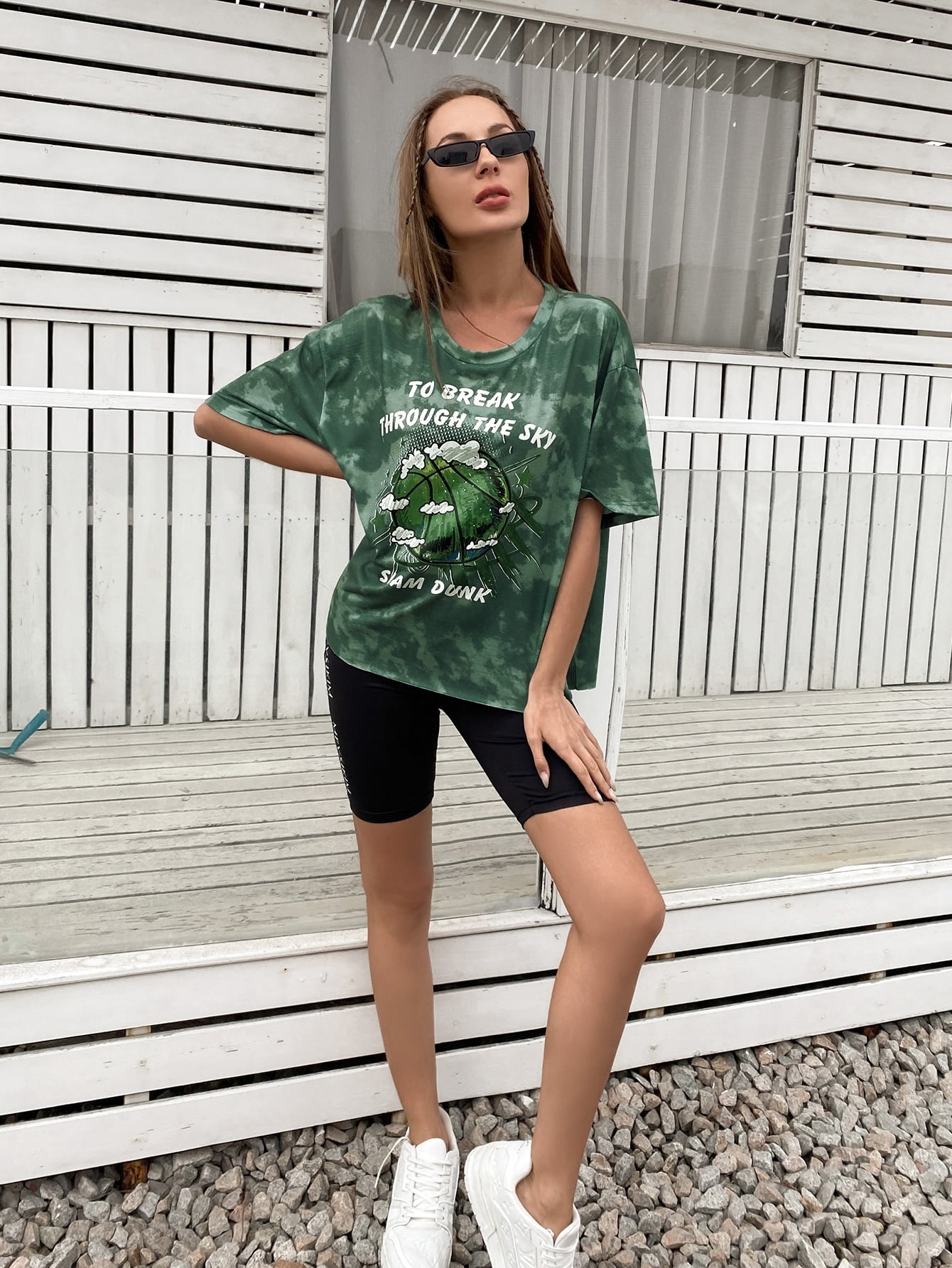 Dark Green Tie Dye Slogan Graphic Tee 