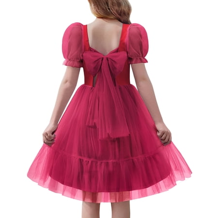 Oudiya Girls Tulle Dresses Puff Sleeve Bow Tie Back Spring Summer Party Holiday Dress for Kids 6-16