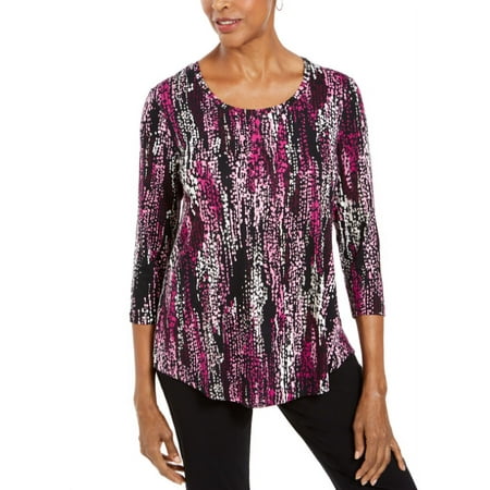 JM Collection Women's Plus Scoop Neck Printed Top Black Size 3X