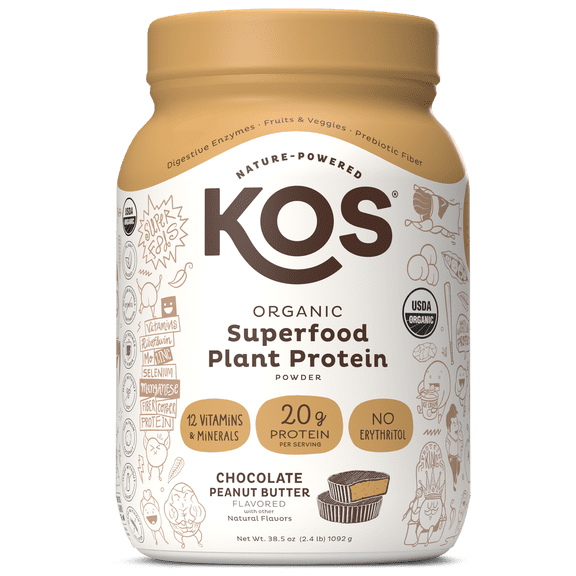 KOS Plant Based Protein Powder, Chocolate Peanut Butter Flavored Organic Protein Powder, 20 g Protein, 38.5 oz