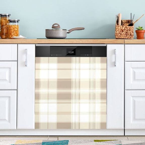 Dailycode Dishwasher Magnet Cover Magnetic Fridge Door Cover Home Kitchen Decor, Beige and White Scottish Tartan, 23"x 26"