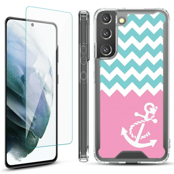 Shockproof Bumper Phone Case for Samsung Galaxy S22  / S22 Plus 5G, with Tempered Glass Screen Protector, by OneToughShield ® - Chevron/Anchor