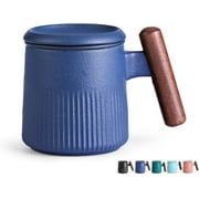 Taoci Tea Mug Ceramic Tea Cup Handle Wooden with Infuser and Lid 12.5 Ounce Porcelain Cup for Steeping Loose Leaf Tea (Blue)