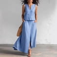 thumbnail image 2 of Womens Linen Look 2 Piece Sets With Sleeveless V Neck Vest And Side Slit Maxi Skirt Featuring Functional Pockets And Solid Color Blue XL, 2 of 6