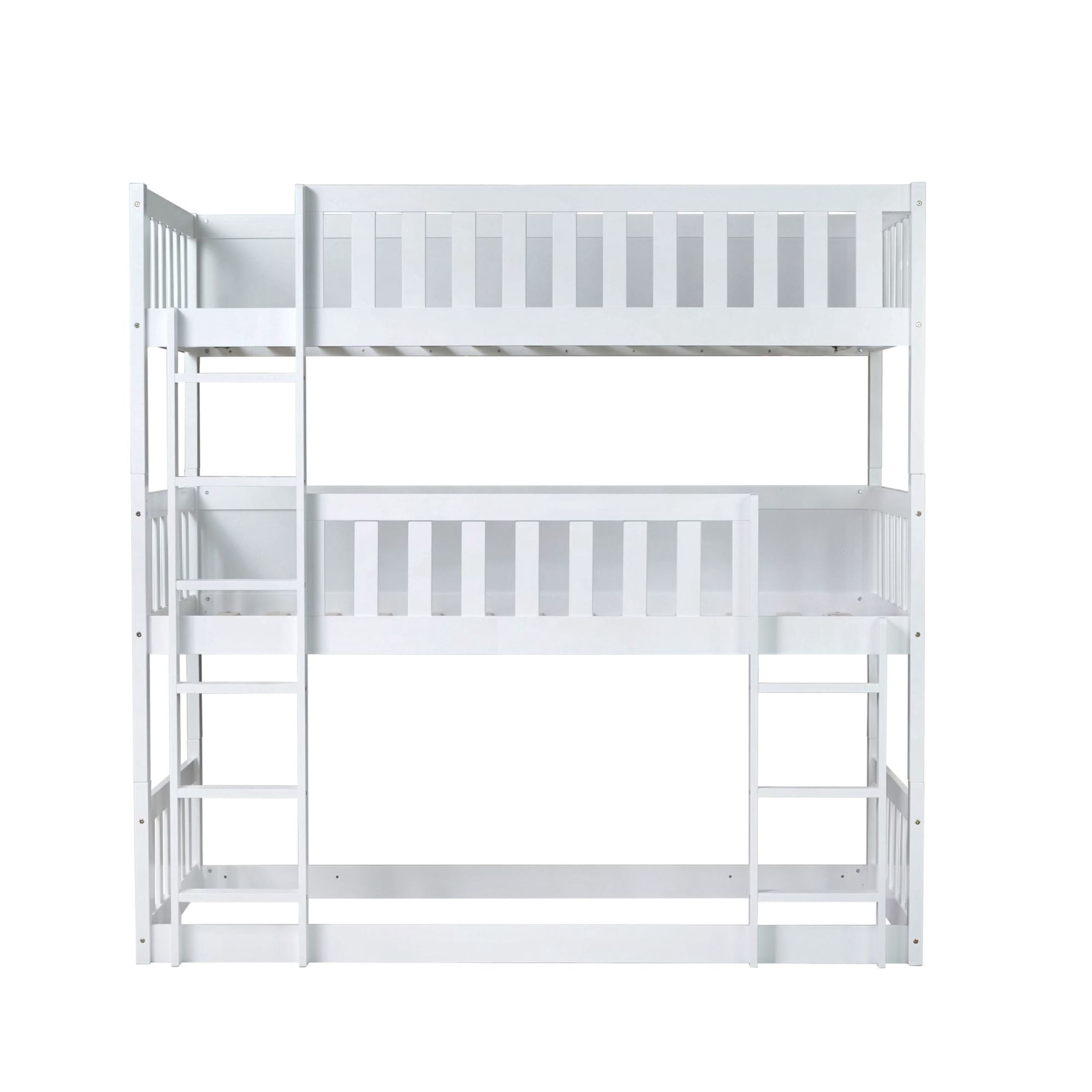 Noble House Lydia Triple Rubber Wood Bunk Bed, Convertible Twin over Twin over Twin with Guardrails and Ladders, White